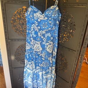 Farm Rio Beautiful Blue Full Of Flowers Organic Cotton Midi Dress
